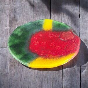 Vintage Round Fused Glass Dish Bowl Centerpiece Multicolor Glassware Decor VTG